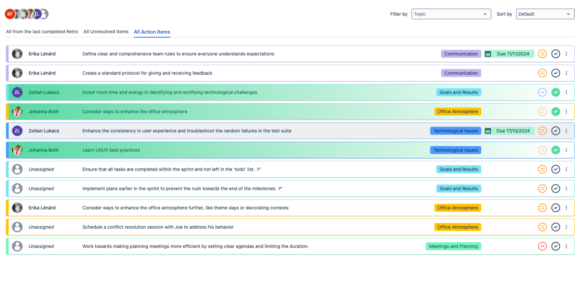 Sort and Filter Action Items from previous sessions